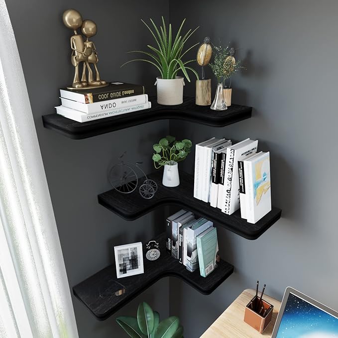 SAUMONIERES Corner Floating Shelves Wall Mount Shelf Solid Wood for Bedroom Bathroom Room Kitchen Storage Set of 3, Black, Invisible Brackets
