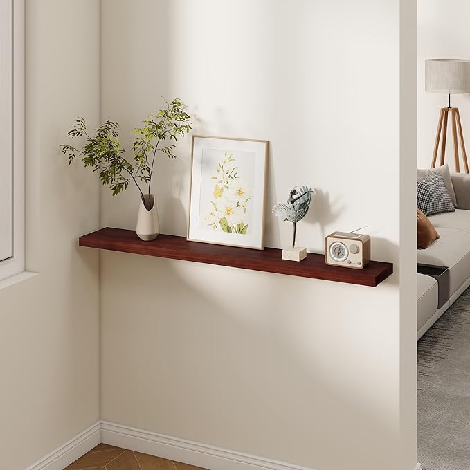 Fun Memories Rustic Real Wood Floating Shelves, 8 Inch Deep Floating Shelf Wall Mounted, 48" W x 8" D Wall Shelves Storage Shelves for Living Room, Bedroom, Bathroom, Walnut Finish, Set of 1
