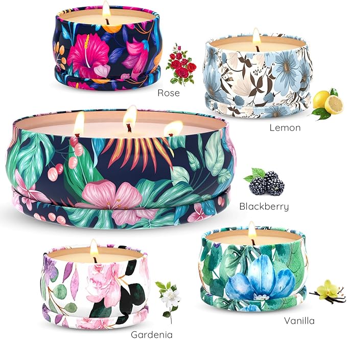 Highly Scented Candles Christmas Gift Set for Home Women, Decorative Natural Soy Wax Aromatherapy Candles - 1pc 13.5oz BlackBerry and 4pcs 2.5oz Rose, Lemon, Vanilla and Gardenia Fragrance