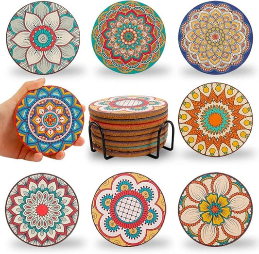 Coasters Set of 8,Cork Coasters for Drinks,Colorful Drink Coaster with Holder,Cute Coaster for Coffee Table,Boho Decor for Apartment Home Bar,Boho Gifts for Women
