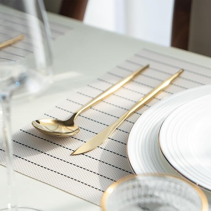 Placemats Set of 12 Vinyl/Plastic Woven Place Mats for Kitchen Table Indoor/Outdoor Washable Placemat Wipeable Dining Table Mats (White Stripes,12)