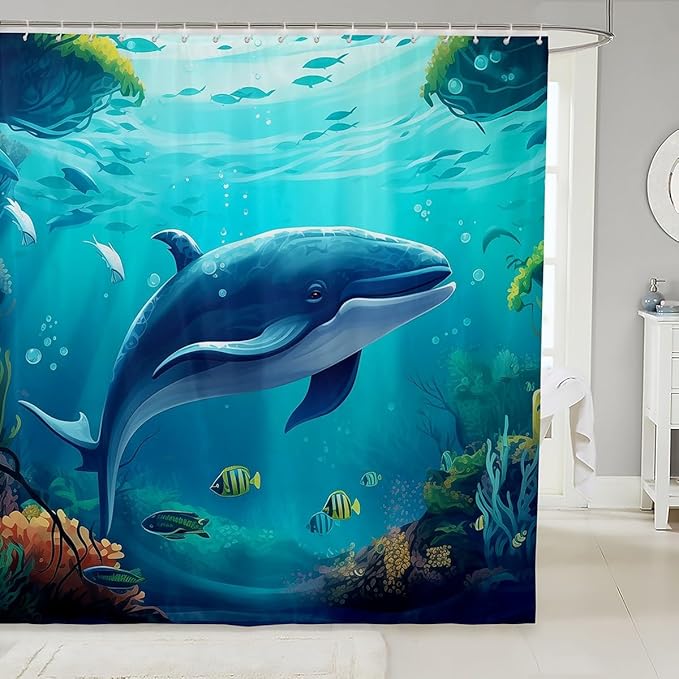 Feelyou Whale Shower Curtain Cute Whale Fabric Shower Curtain for Kids Boys Girls Blue Ocean Theme Bathroom Waterproof Accessories with 12 Hooks Ocean Animal Curtains,72x72 Inches