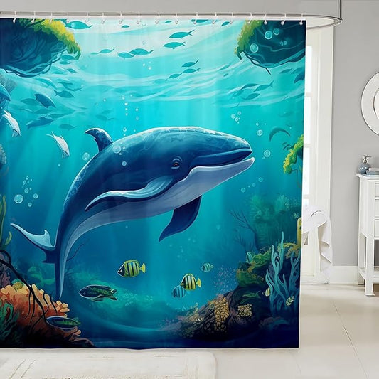 Feelyou Whale Shower Curtain Cute Whale Fabric Shower Curtain for Kids Boys Girls Blue Ocean Theme Bathroom Waterproof Accessories with 12 Hooks Ocean Animal Curtains,72x84 Inches