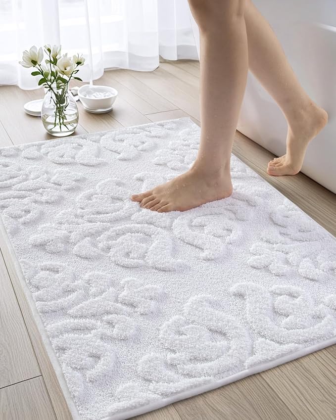 DEXI Bathroom Rug 24x36, Non Slip Washable Bath Mat for Shower Floor, Absorbent Soft Bathmat with Rubber Backing, Plush Fluffy Microfiber Floral Retro Carpet, White