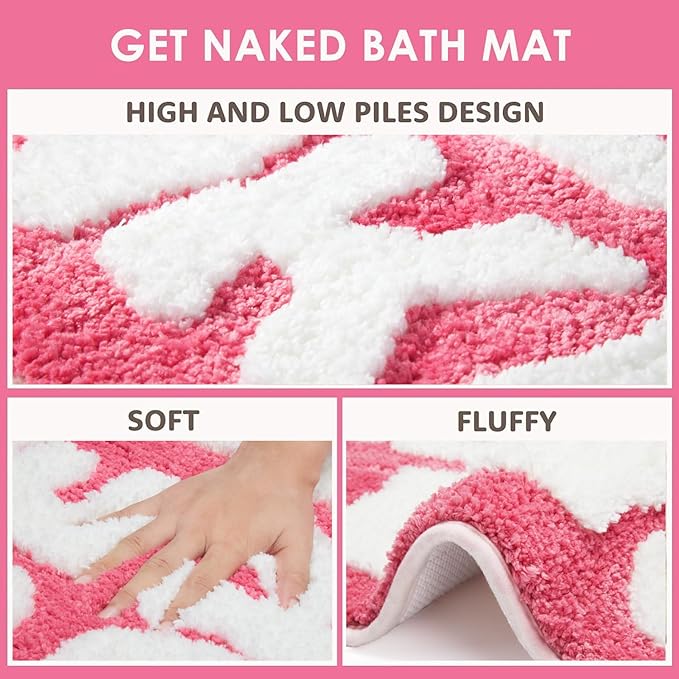 Irregular Shaped Get Naked Bath Mat Hot Pink - Fun Bath mat, Small Preppy Bathroom Decor, Funny Aesthetic Bathroom Rugs for Apartmen Decor, Non-Slip Hot Pink Bath Rugs for Girls 31" x 18"