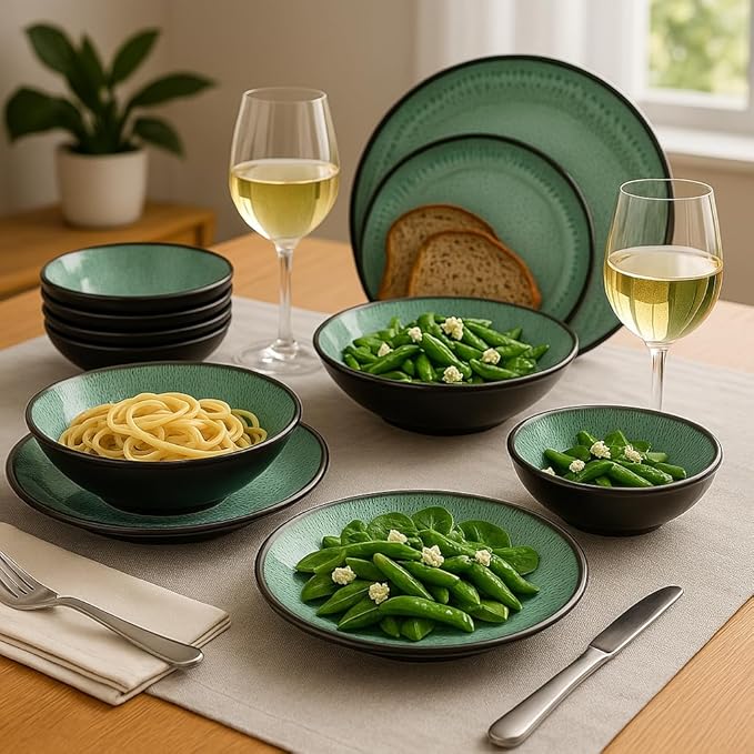 Tudor 6-Piece Dinnerware Set,Service for 2,Green, Reactive Glaze Dish Set, Plates and Bowls Set,Premium Quality Tableware, Unique Pattern, Glossy