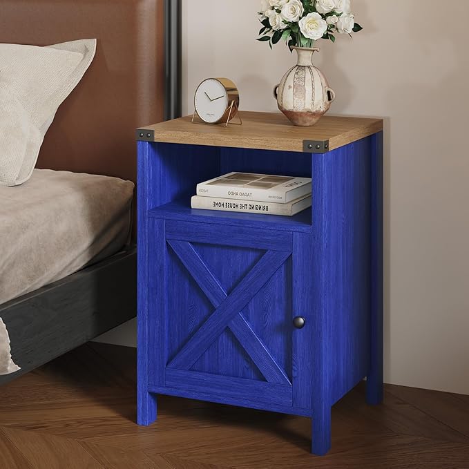 Farmhouse End Table, Nightstand, Set of 2, End Tables with Barn Door and Shelf, Modern Bed Side Table Rustic Nightstands Set for Bedroom, Living Room, Navy Blue