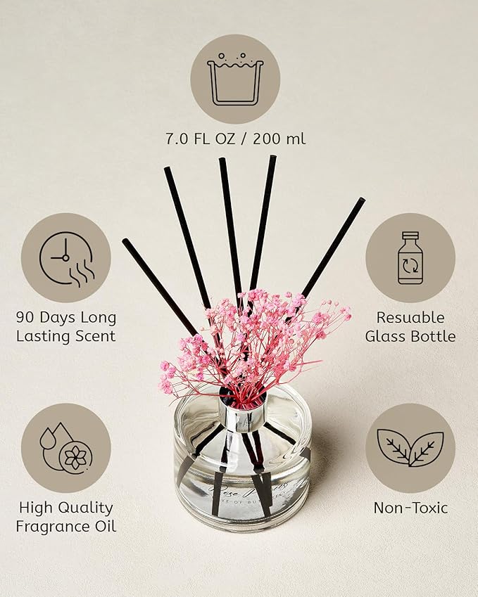 M&SENSE Reed Diffuser Set with 7 Sticks | 7.0oz Fresh Bergamot & Citrus Scent, Long Lasting Floral Oil Diffuser Flame Free Fragrance Diffuser for Shelf Décor with Baby's Breath Flower
