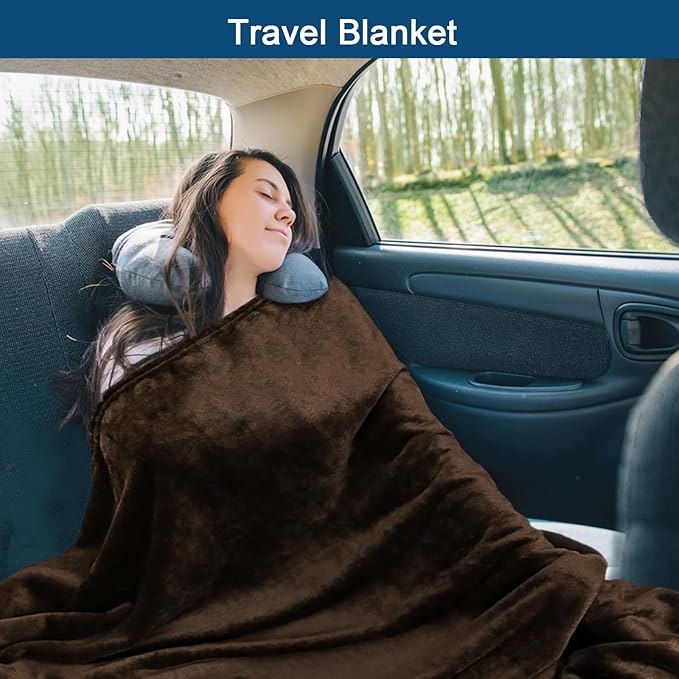 Bnuitland Travel Blanket and Pillow 2 in 1, Soft Flannel Airplane Blanket in Bag Compact-Long Flight Essential for Adults and Kids, Portable Luggage Sleeve and Backpack Clip, 65×40 inch Coffee Brown
