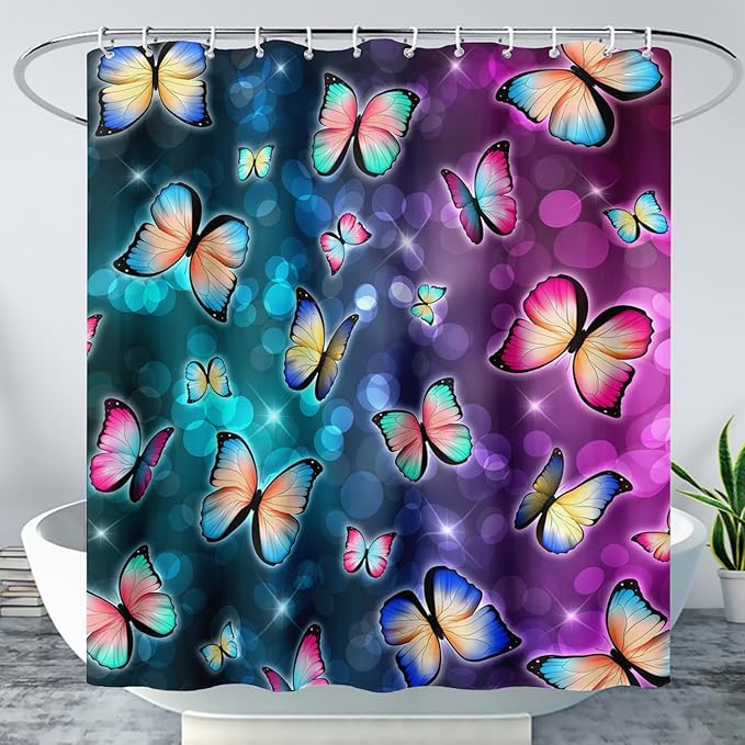 AILONEN Colorful Butterfly Shower Curtains,Gradient Butterfly Bath Curtain for Bathroom Decor,Polyester Waterproof with 12 Plastic Hooks 36" W*72" H