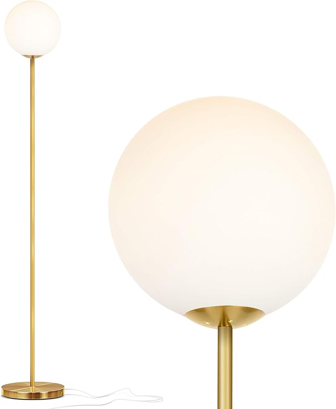 Brightech Luna LED Floor lamp, Modern Lamp for Living Rooms & Offices, Great Living Room Décor, Tall Lamp with Frosted Glass Globe, Mid Century Standing Lamp for Bedroom Reading - Brass/Gold