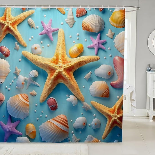 Feelyou Starfish Fabric Shower Curtain Seashell Shower Curtain for Teens Blue Ocean Bathroom Waterproof Accessories with 12 Hooks Summer Curtains,72x72 Inches
