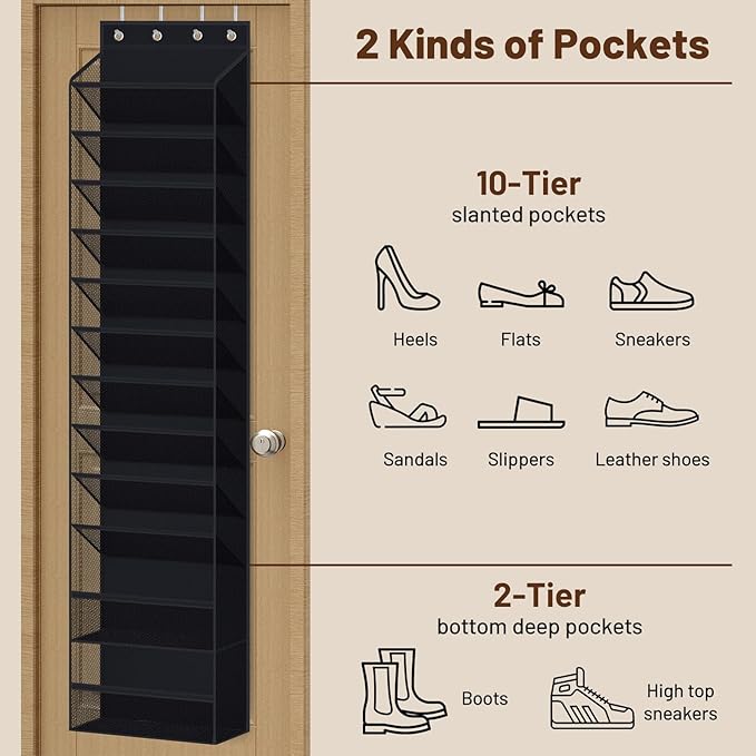 MISSLO 12 Tier Over the Door Shoe Organizer Hanging Shoe Rack for Closet Storage Sneaker Holder for Door Fit 24 Pairs Sandals, Heels, Boots (Black)