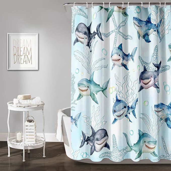 AILONEN Shark Shower Curtain for Bathroom, Cute Shark Bathroom Curtain,Blue Tie Dye Ocean Theme Bath Curtain 72" W*78" H Polyester Waterproof Children Boys Bathroom Curtain with 12 Hooks