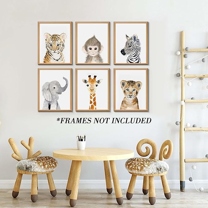 Jungle Safari Wall Art Decor for Baby Nursery Room - Tiger, Lion, Elephant Animal Decorations for Bedroom (12"x16", UNFRAMED)