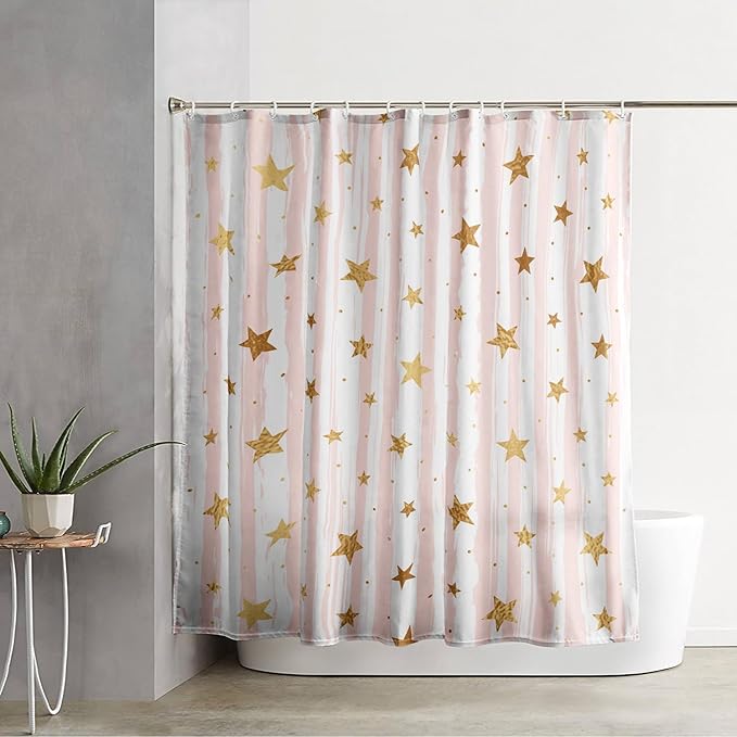 AILONEN Stars Shower Curtain, Pink Striped and Gold Stars Waterproof Shower Curtain,Simple Vintage Style Shower Curtain Liner for Girls Women Adults,72" W*84" H