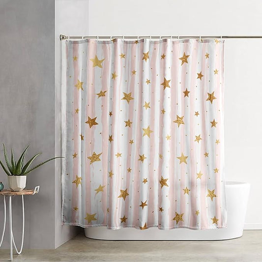 AILONEN Stars Shower Curtain, Pink Striped and Gold Stars Waterproof Shower Curtain,Simple Vintage Style Shower Curtain Liner for Girls Women Adults,60" W*72" H