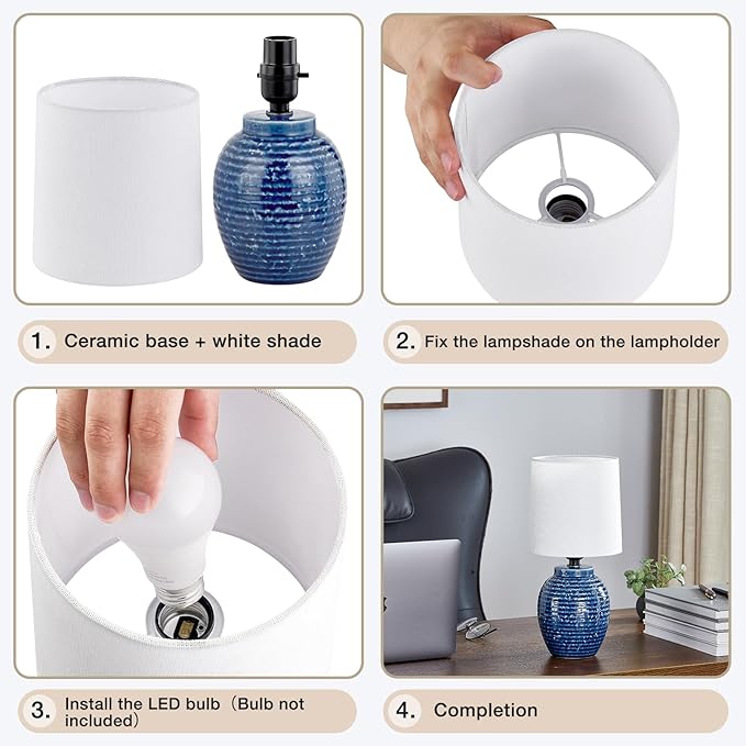 Ceramic Lamps Set of 2 - Mini Farmhouse Lamps Vintage Small Lamps Decorative for Small Spaces Bedroom Nightstand Living Room Reading Desk End Table Lamp, Blue