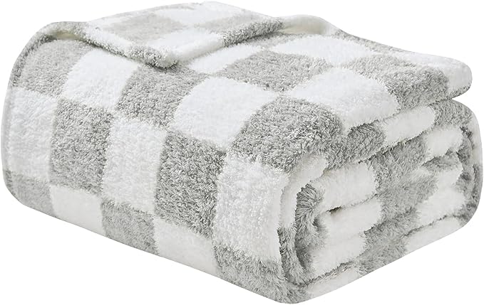 EMME Checkered Blanket Twin Size - 60"x80" Grey Knit Blanket Soft Fluffy Patterned Throw Blankets for Couch, Sofa, Chair, Bed, Camping, Picnic, Travel