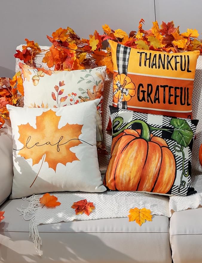 TOYPOPOR Fall Decorations Pillow Covers Double-Side Printing 18'' x 18'' Set of 4, Pumpkins Thankful Blessed Buffalo Plaid Fallen Leaves Thanksgiving Throw Cushion Cases for Outdoor Indoor Home Decor
