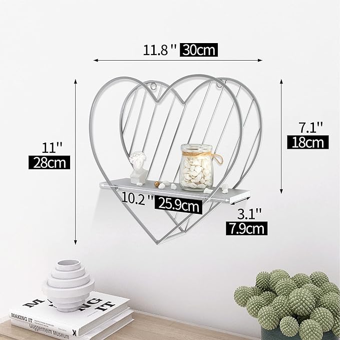 Afuly Wall Shelf Metal Grey Floating Shelves Heart Design Small Shelf Storage Rack Modern Romantic Farmhouse Style Cute Fancy Unique Nursery Room Bathroom Bedroom Wall Decor