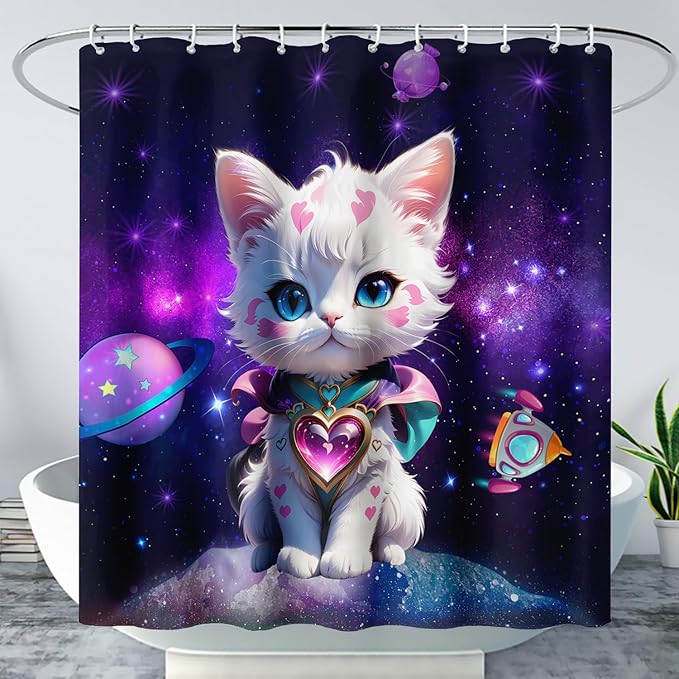 AILONEN Cartoon Cat Shower Curtain Set for Kids Boys Girls, Kawaii Love Kitten Shower Curtain for Bathroom,Galaxy Planet Washable Fabric Shower Curtain with Hooks,72" W*72" H
