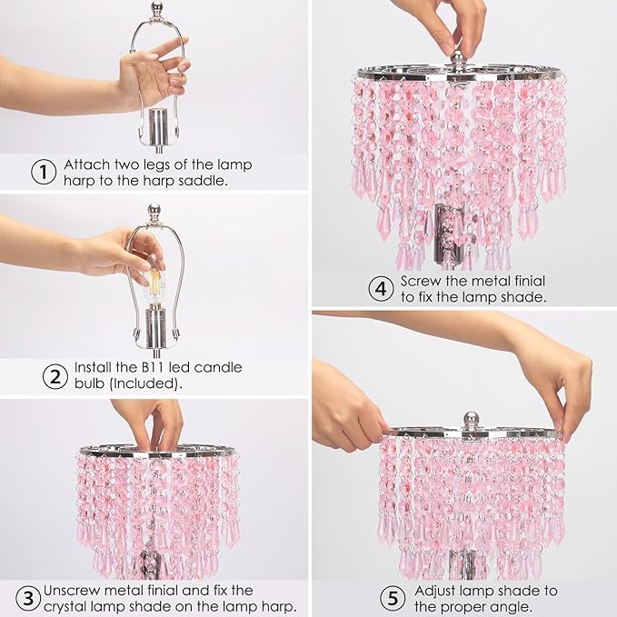 Crystal Touch Control Table Lamp with Dual USB Charging Ports, 3 Way Dimmable Bedside Lamp with Pink Shade, Decorative Nightstand Lamp for Girls Bedroom, Living Room, Office, B11 LED Bulb Included
