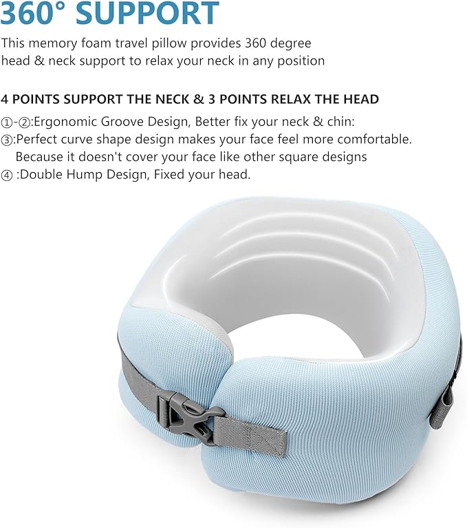 Neck Pillow Airplane, 100% Memory Foam Travel Pillow for Flight, Portable Adjustable Neck Pillow for Airplane, Car, Train, Bus, Removable and Washable Pillowcase, with Sleep mask and Earplugs