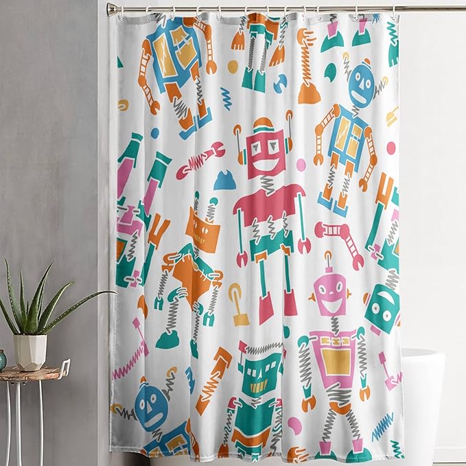AILONEN Robots Shower Curtain,Modern Cartoon Super Robot Pattern Bathroom Decor for Boys Girls Teens Kids, 48" W*72" H Watercolor Robot Shower Curtain Set