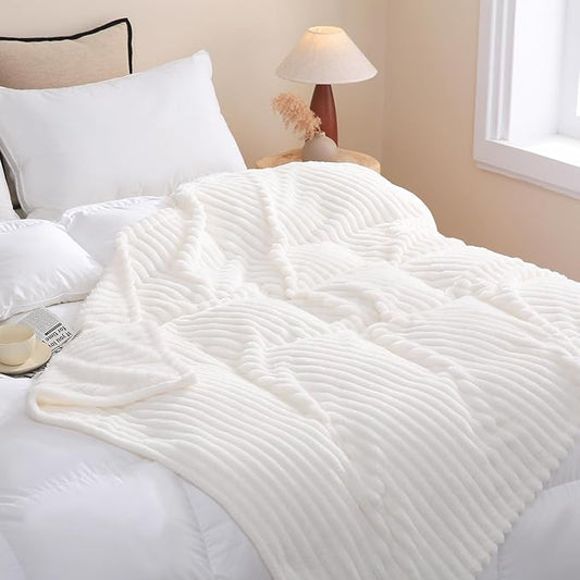 Cream White Fleece Throw Blanket 90”×90” for Couch Sofa Bed,Super Soft Cozy Plush Microfiber Flannel Blanket with Stripes Design Lightweight for Adults,Woman,Girls