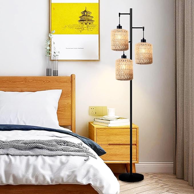 Floor Lamp for Living Room,Bedroom,3-Lights Boho Rattan Tree Floor Lights,Industrial Black Farmhouse Standing Lamp Wicker Rustic Tall Lamp,Woven Bamboo LampShade Floor Lamps Bohemian