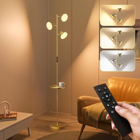 ULG Floor Lamp with Shelf 3-Light Standing Tree Lamp Independent Control Modern Decor Light Color/Intensity Changing Remote & Button Control 1200lm LED Lamp for Living Room Home Office Bedroom, Gold