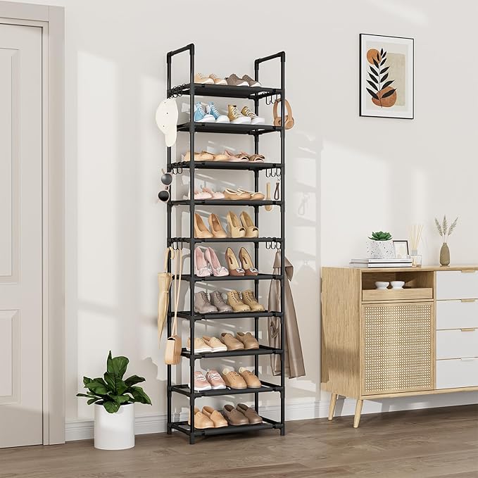 VTRIN 10 Tiers Tall Shoe Rack Holds 20-25 Pairs of Shoes Sturdy Vertical Shoe Organizer with 18pcs Hooks Stackable Narrow Shoe Rack for Closet, Entryway Black