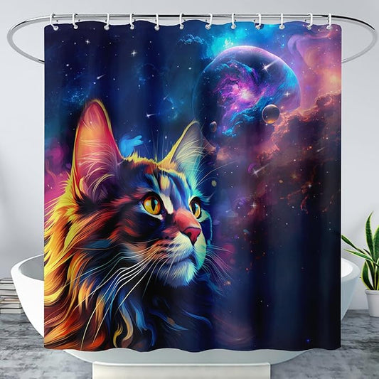 AILONEN Cat Shower Curtains for Kids,Galaxy Cat Curtains Gifts for Cat Lover,Animal Theme Bath Curtains for Bathroom Decor,72" W*72" H Polyester Waterproof with 12 Plastic Hooks