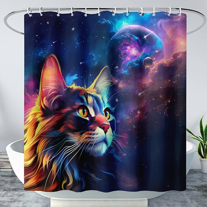 AILONEN Cat Shower Curtains for Kids,Galaxy Cat Curtains Gifts for Cat Lover,Animal Theme Bath Curtains for Bathroom Decor,48" W*72" H Polyester Waterproof with 12 Plastic Hooks
