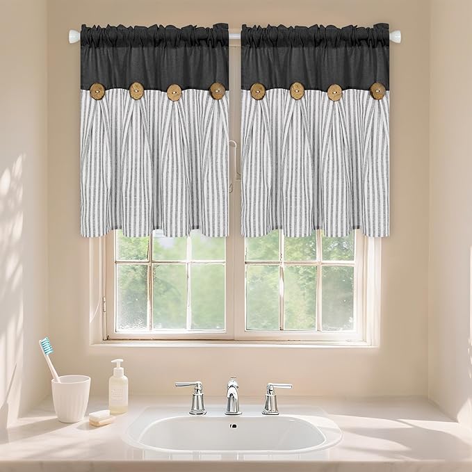 ASPMIZ Cotton Linen Window Treatment Tiers 24 Inch, Boho Rustic Kitchen Curtains Farmhouse, Black with Grey Stripe Half Window Curtain, Country Short Rod Pocket Curtains for Small Window, 2 Panels