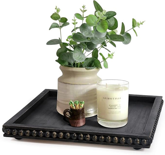 HPC Decor 12in Square Decorative Tray for Home Decor Wood Beaded Tray (Black)