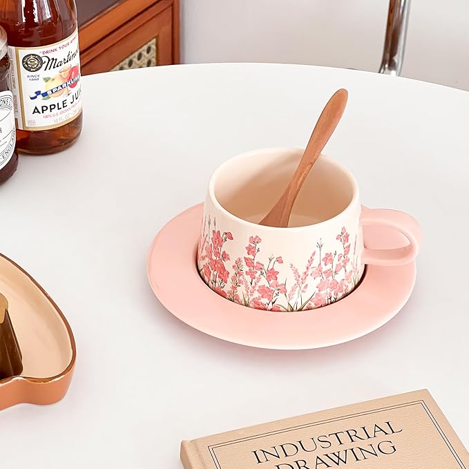 Pink Coffee Mug with Saucer Set, 9oz Pretty Ceramic Mugs with Floral Design, Elegant Flower Cup Perfect for Coffee Tea Cappuccino,Gift for Women, Mom, Friend, Mothers Day Gifts