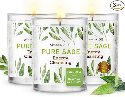 Magnificent 101 Set of 3 Long Lasting Pure Sage Smudge Candles - 42-Hour Burn, 3.5 Oz Each, Soy Wax, Sage Cleansing for House Energy, Meditation & Manifestation