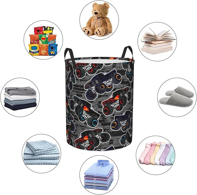 Monster Truck Boys Style Round Laundry Hamper Storage Basket Toys Clothes Organizer Bin For Home Bathroom Bedroom Dorm Nursery, 38l