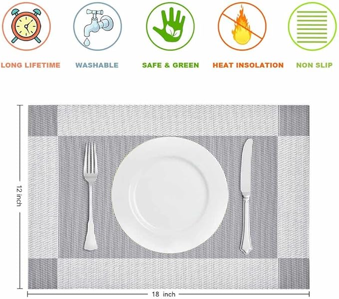 GIVERARE Placemats Set of 4, Heat-Resistant Woven Vinyl Placemat, Non-Slip Washable PVC Table Mat, Easy to Clean Premium Plastic Mats for Dining, Kitchen Table (Silver+Gray)