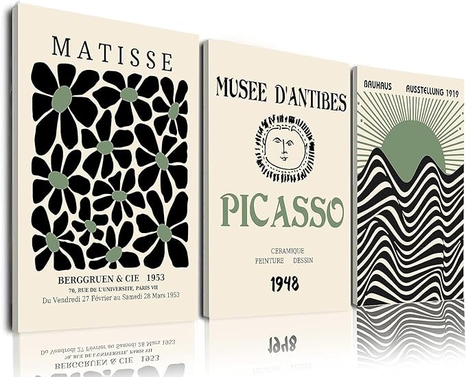 Sage Green Wall Posters & Prints, Green Matisse Wall Art Set of 3, Abstract Matisse Framed Wall Art Decor, Minimalist Geometric Line Green Canvas Artwork Paintings for Living Room, Bedroom, Office