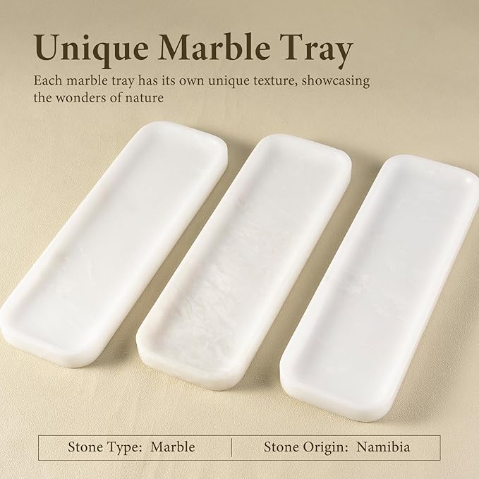 Koville Marble Tray for Bathroom Sink, 12"x4" Natural Stone Vanity Tray for Kitchen Dresser Countertop, Rectangular Decorative Marble Trays for Jewelry Perfume Trinket(White)
