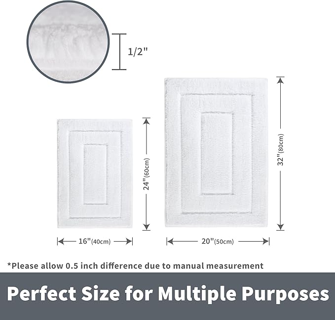 GRANNY SAYS Bathroom Rugs Sets 2 Piece,Soft Bath Mats for Bathroom, Bath Rugs Non Slip Washable, Absorbent Bath Rug for Tub, Shower and Toilet, Bath Mat Set (White, 20" x 32" + 16" x 24")