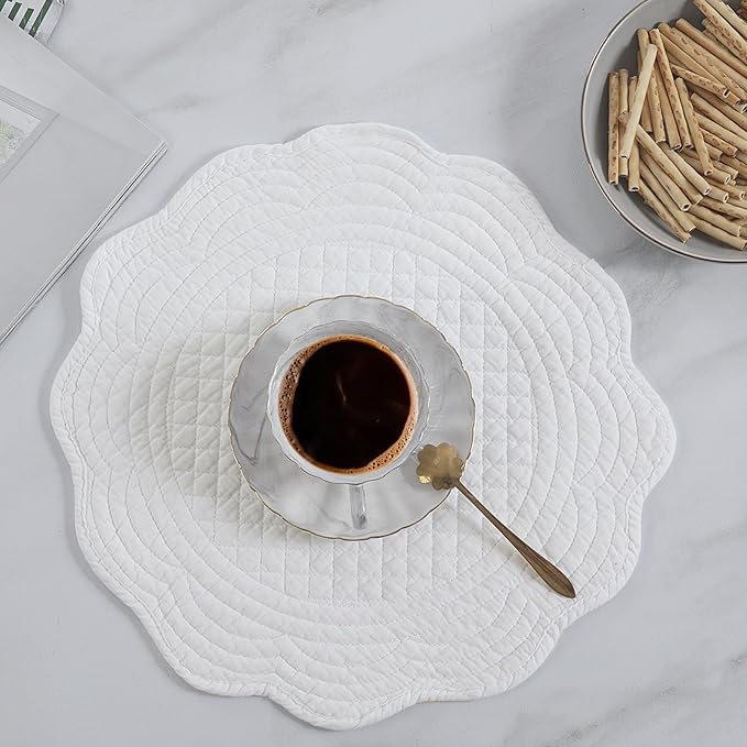 HOMBYS Quilted Placemats Set of 6 Washable Round Placemats for Kitchen Table-100% Cotton Fabric 13 Inch Round Table Mats, Cotton Fabric with Microfiber Filling, (13"x13", Pure White)