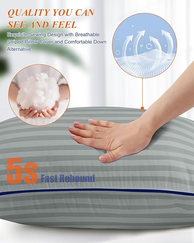 Bed Pillows for Sleeping King Size, Set of 2- Cooling, Luxury Hotel Quality with Premium Soft Down Alternative Filling for Back, Stomach or Side Sleepers, Light Grey