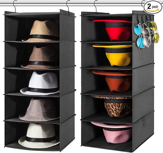 Hat Rack for Closet Hanging Organizer Fedora, 2 Pack 10 Shelves Organization, Cap Storage Cowboy Wide Brim Sunhat XL Holder Easy to Install (Black)
