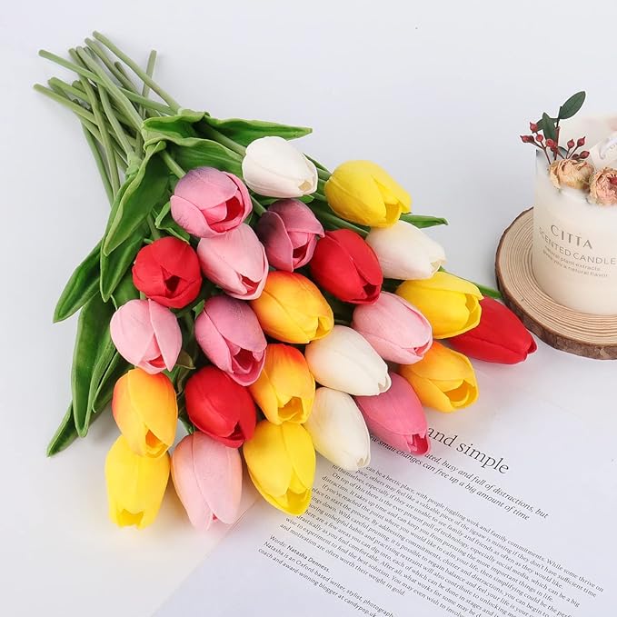 Beferr 18Pcs Tulips Artificial Flowers Faux Tulip Real Touch Tulip Fake Flowers Bouquets Arrangements for Mothers Day Spring Easter Wedding Home Table Decor