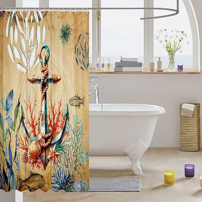 Feelyou Anchor Nautical Shower Curtain Shells and Corals Fabric Shower Curtain for Kids Boys Girls Adventure Themed Bathroom Waterproof Accessories with 12 Hooks Brown Curtains,72X72 Inches