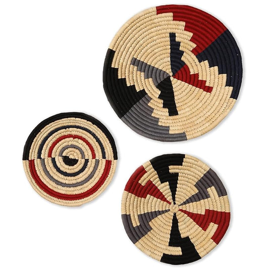 Set of 3 Round Boho Hanging Wall Basket Home Christmas Decor for Bedroom, Kitchen, Farmhouse Handmade Decorative Unique Indian Wall Decor Woven Baskets Decorations (Red Black, Contemporary)